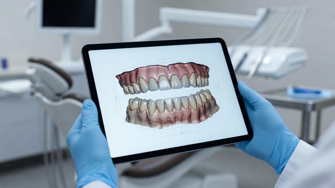 Doktor gigi menunjukkan pelan rawatan digital 3D pada tablet — mekanisme clear aligner Dentaloft