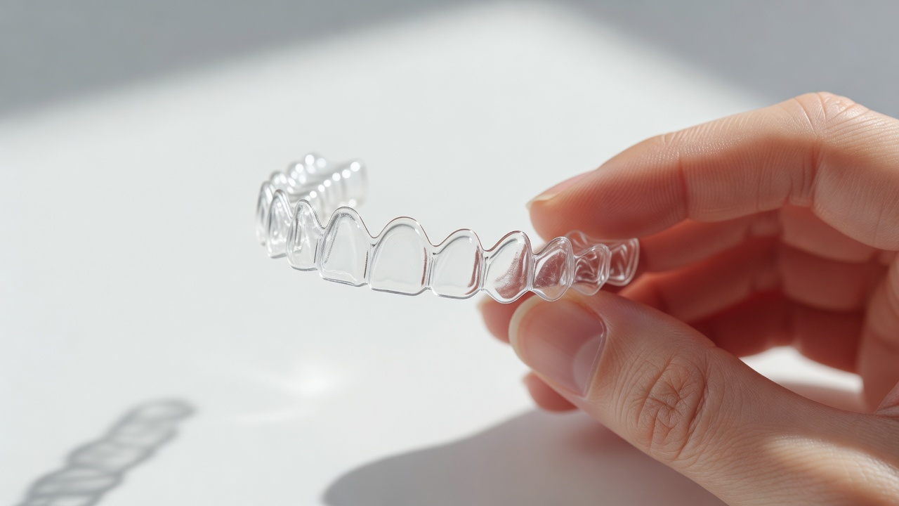 Clear aligner telus di tangan — menunjukkan ketelusan produk